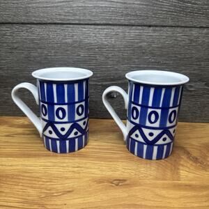 Vintage DANSK Cobalt Blue White ARABESQUE 11 oz Coffee Tea Mug Cups ~Set of 2